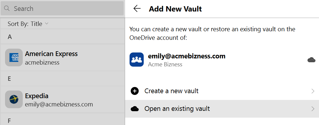Open existing Business Vault from OneDrive
